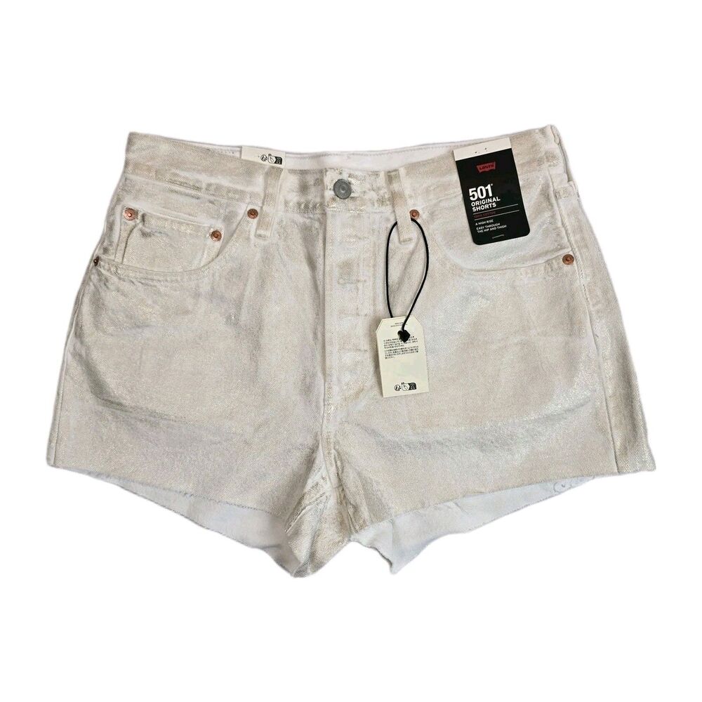 Levis 501 Premium Shorts Womens Sz 24 White Gold Metallic High Rise Cutoff